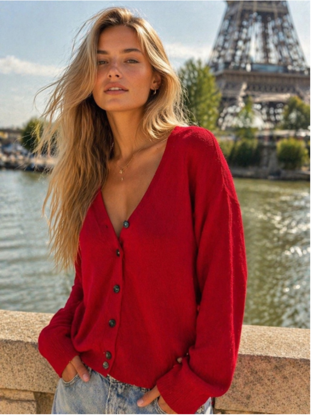 Karen Scott Red Sweater Cardigan Button Front Classic Preppy Parisian Old Money